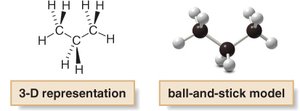 3-D representation and ball-and-stick model of propane
