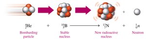 Bombardment of boron-10 with alpha particle to produce nitrogen-13 and a neutron