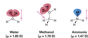 Dipole moments in water, methanol, and ammonia