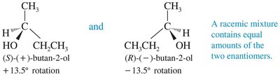 Racemic mixture: equal amounts of enantiomers