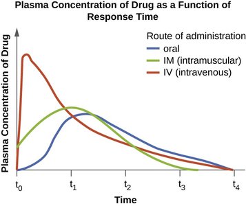 Plasma concentration vs. time for different routes of administration