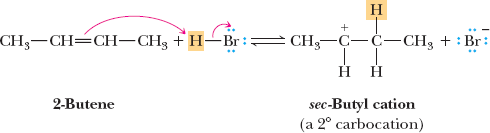 Protonation of 2-butene to form a carbocation