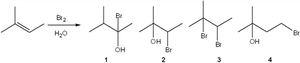 Alkene reacts with Br2 and H2O, four possible products