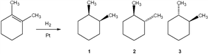 Cyclohexene with methyl group reacts with H2 and Pt, three possible products