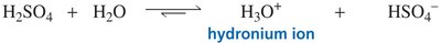 Formation of hydronium ion from H2SO4 and H2O