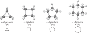 Ball-and-stick models of cycloalkanes