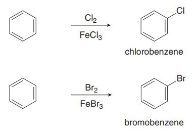 Halogenation of benzene to form chlorobenzene and bromobenzene