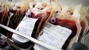 Blood bags showing blood types