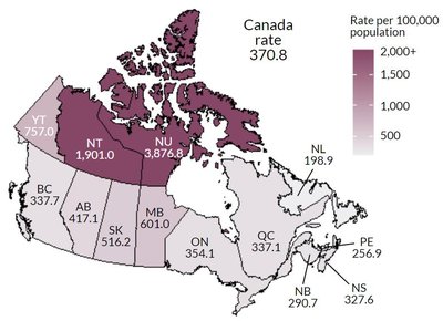 Map: Rates of reported chlamydia cases in Canada, 2019