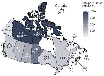 Map: Rates of reported gonorrhea cases in Canada, 2019