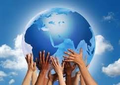 Hands holding up a globe, symbolizing global health and cooperation