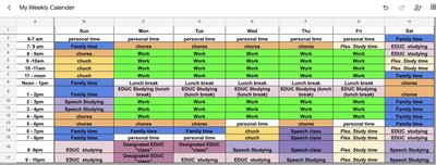 Sample weekly planning calendar