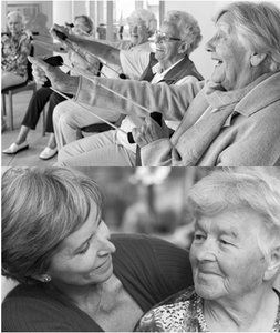 Older adults engaging in exercise and social interaction