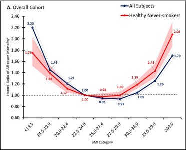 Graph showing hazard ratios for mortality by BMI category