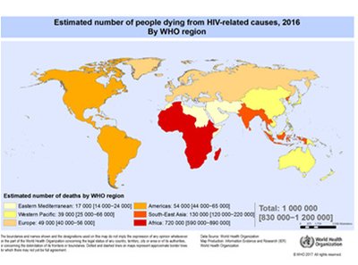 Estimated number of people dying from HIV-related causes, 2016