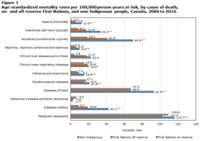 Bar graph of mortality rates by cause among Indigenous and non-Indigenous populations