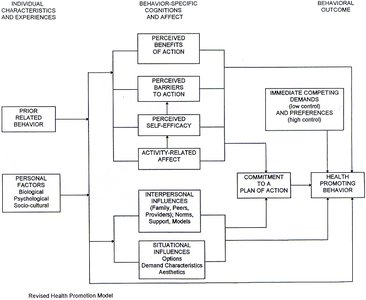 Diagram of Pender's Health Promotion Model showing individual characteristics, behaviour-specific cognitions, and behavioural outcomes