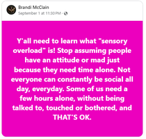 Social media post about sensory overload and the need for alone time