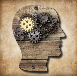 Wooden head with gears representing cognitive processes