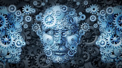 Gears forming a human face, symbolizing intelligence and cognitive processing