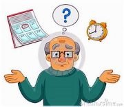 Cartoon of an older adult with question mark, calendar, and clock, representing memory challenges