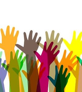 Diverse hands raised, representing cultural diversity