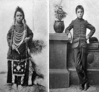 Before and after images of a child in traditional and residential school attire