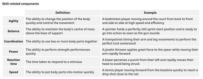 Table of skill-related components: definitions and examples