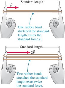 Rubber band stretched to standard length (force)