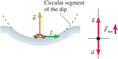 Car at the bottom of a dip, showing forces