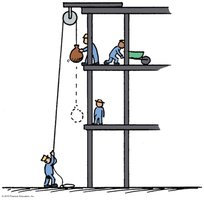 Worker lifting a load one story high.