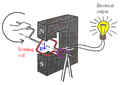 Diagram of an electric generator showing rotating coil and electrical output