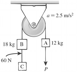 Three-block pulley system with given masses and acceleration