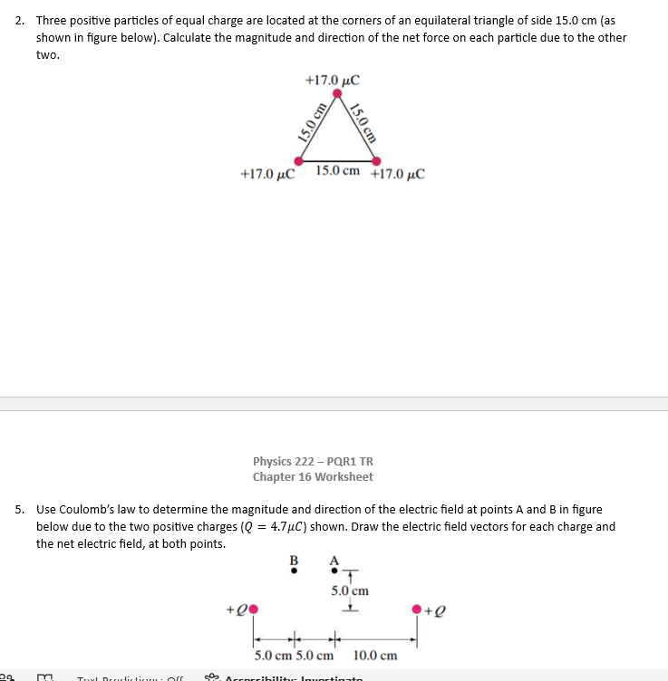 Three charges at the corners of an equilateral triangle, each labeled +17.0 μC, with sides of 15.0 cm