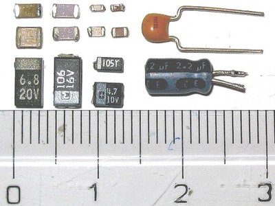 Various capacitors with ruler for scale