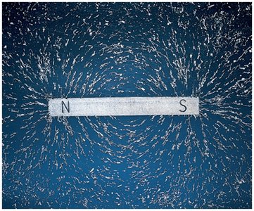 Bar magnet with iron filings showing magnetic field lines