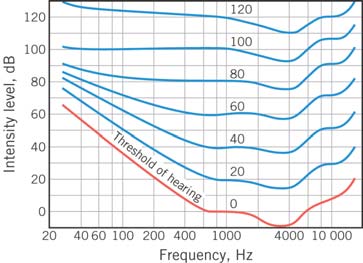 Graph of human ear sensitivity versus frequency