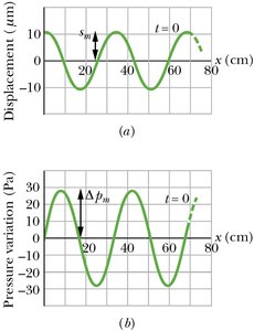 Displacement and pressure variation graphs for sound waves