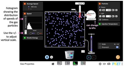 PhET simulation showing speed distribution histogram