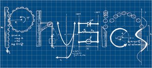 Physics blueprint with equations and diagrams