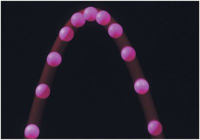 Stroboscopic image of projectile motion showing a parabolic path