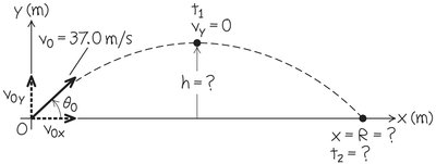 Projectile motion example with labeled trajectory and components
