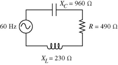 LRC series circuit with labeled values for R, X_L, and X_C