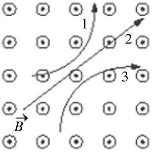 Three particles moving in a magnetic field with different trajectories