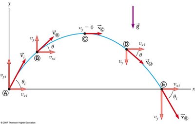 Projectile motion diagram with velocity and acceleration vectors at various points along the trajectory