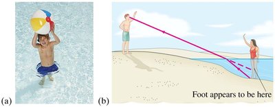 Examples of refraction: a child in water and apparent displacement of a foot