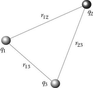 Three point charges with distances labeled