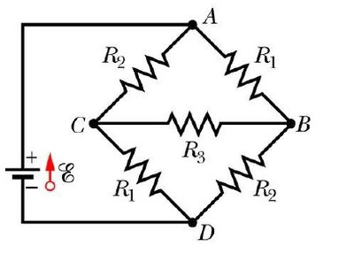Bridge circuit with three resistors and battery