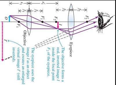 Ray diagram of a compound microscope showing objective and eyepiece