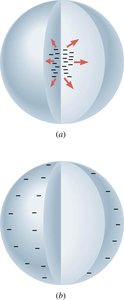 Charge inside a hollow conductor, showing induced charges on surfaces